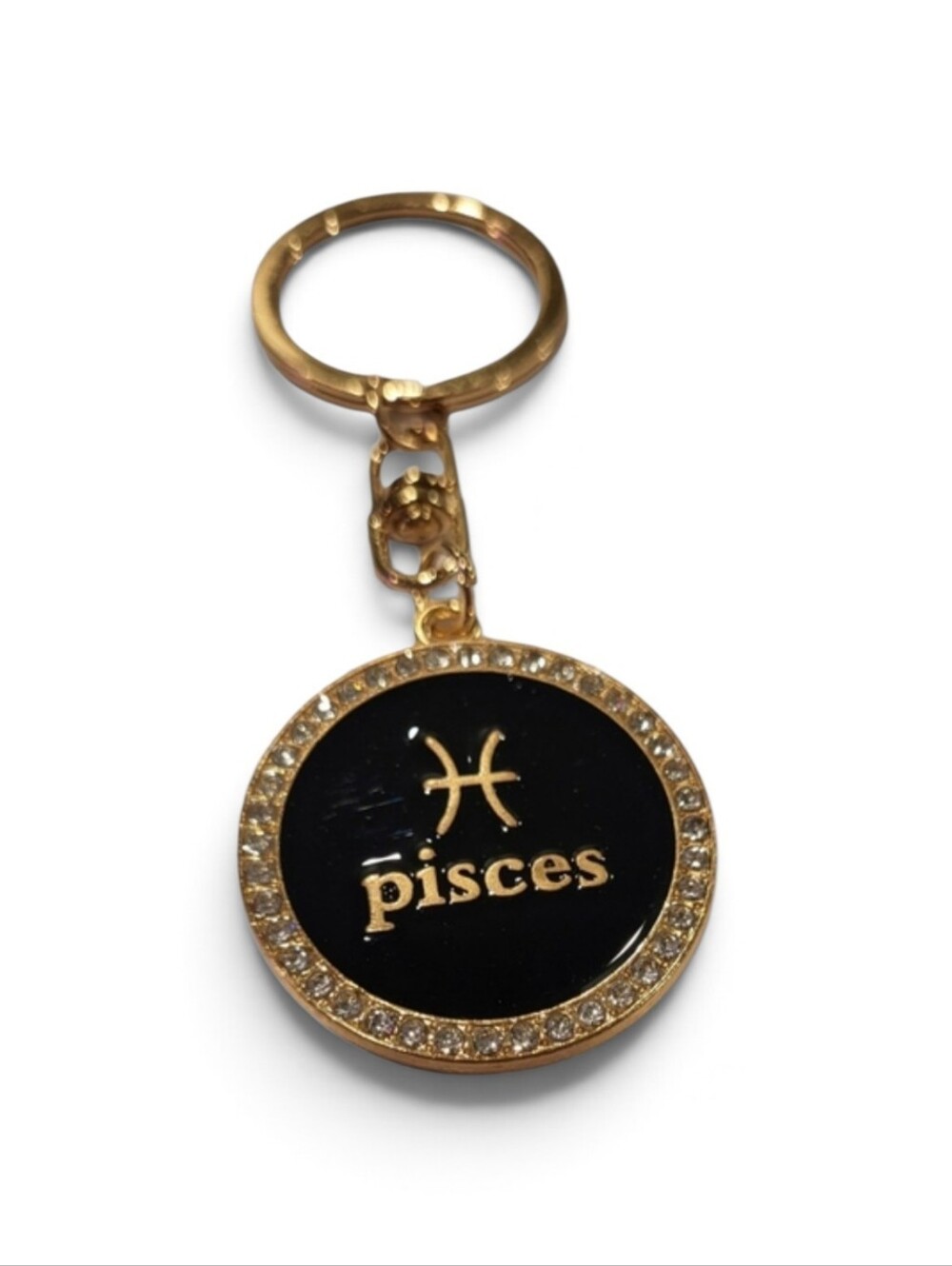 Pisces Zodiac Keychain Gold Tone Rhinestone Bling Double Sided New